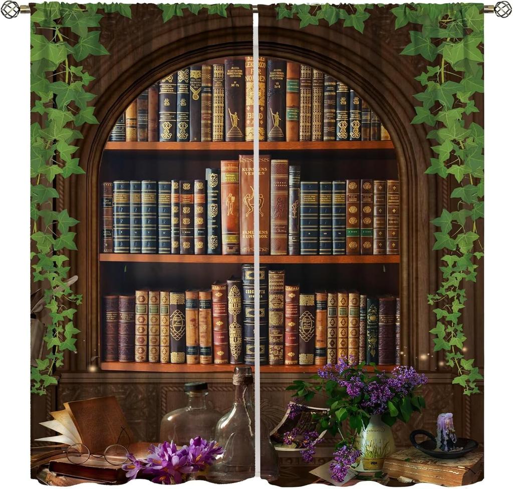 Gothic Bookshelf Curtain Antique Bookcase Spooky Skull Magic Book Halloween Themed Decor Window Kids Teens Adults Curtains Made Of Polyester