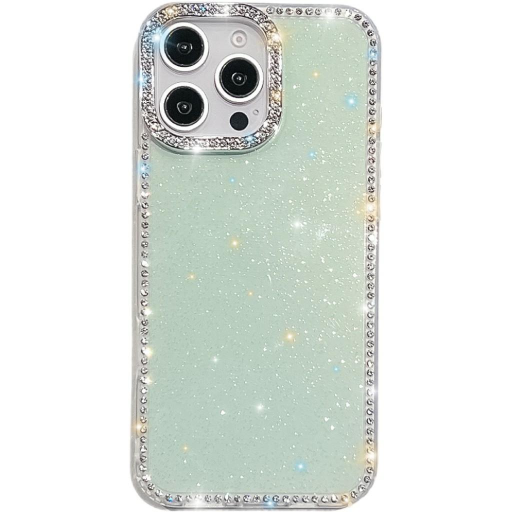 For iPhone 15 Pro Case Rhinestone Edge Glitter Back TPU+PC IMD Phone Cover