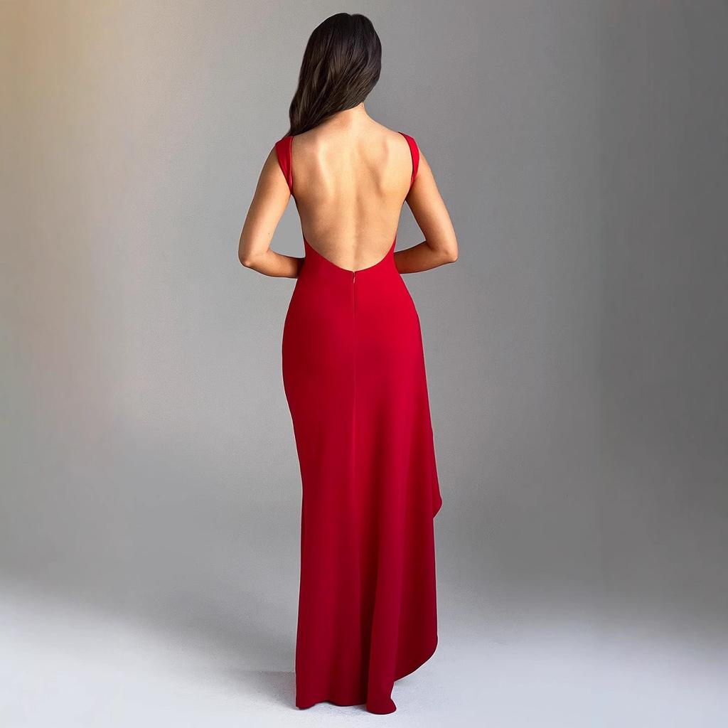 Summer new style solid color round neck high split end sexy backless dress women's slim dress