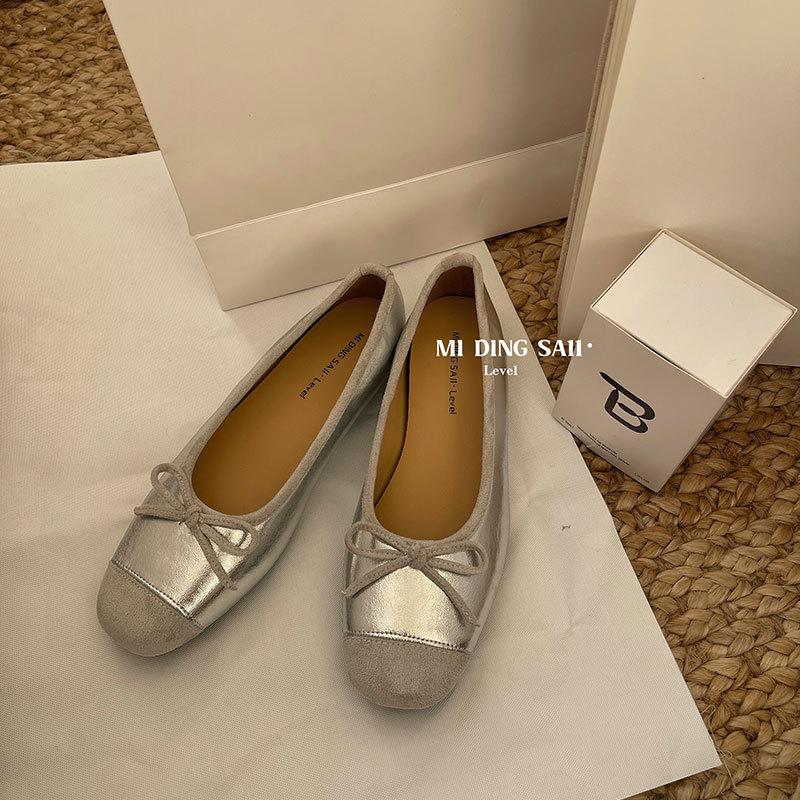 2025 Spring and Summer Single Shoes Women's Small Fragrant Style Bow Splicing Inner Height Increase Evening Breeze Commuting Soft-soled Ballet Shoes