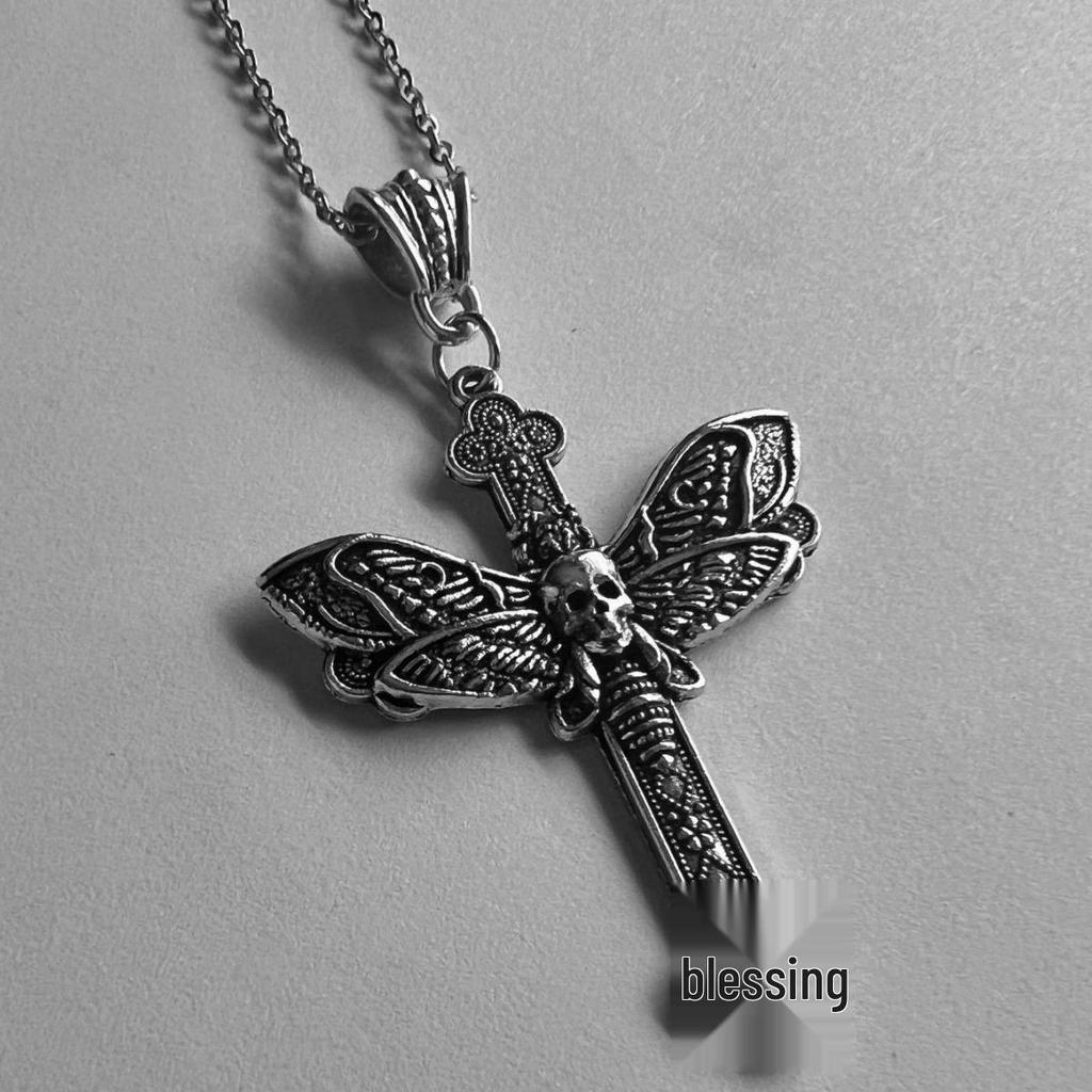 Gothic Cross and Skull Moth Necklace - European & American Design
