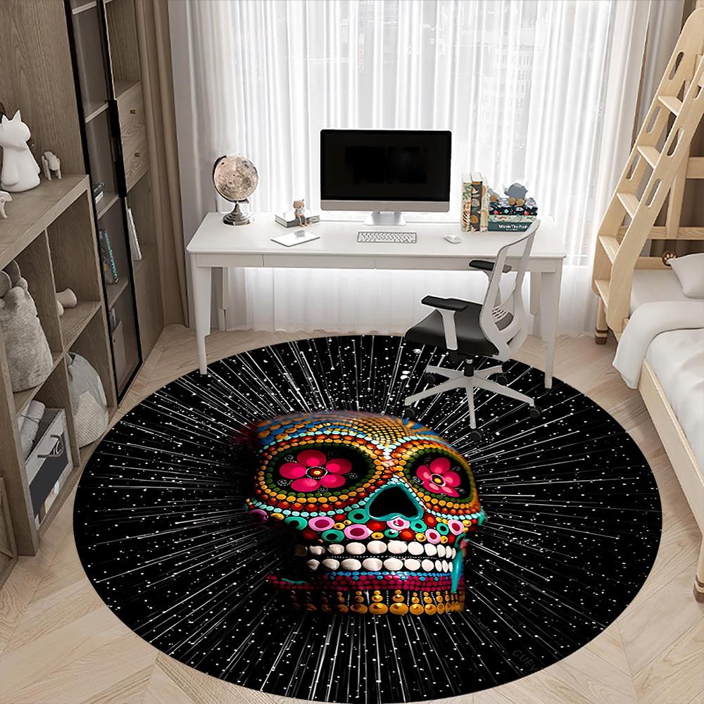 1PC Sugar Skull, Day of the Dead Office Round Area Rug, Mat Suitable ForOffice, Under Office Chairs Bedroom Living Room Home Decor, Room Deco
