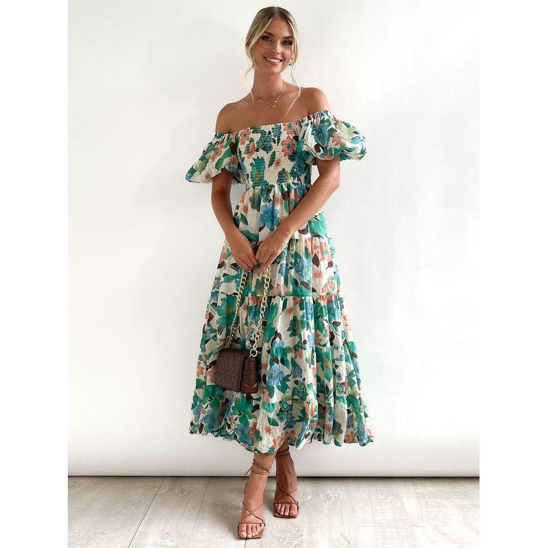 2025 Europe and America Cross Border Spring/Summer New Arrival off-Neck Print Puff Sleeves Silm Mid-Length Tulle Tutu Dress Dress