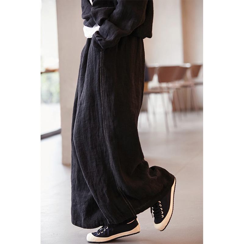 Autumn Retro Women s Black Linen Elastic Waist Wide-Leg Pants M