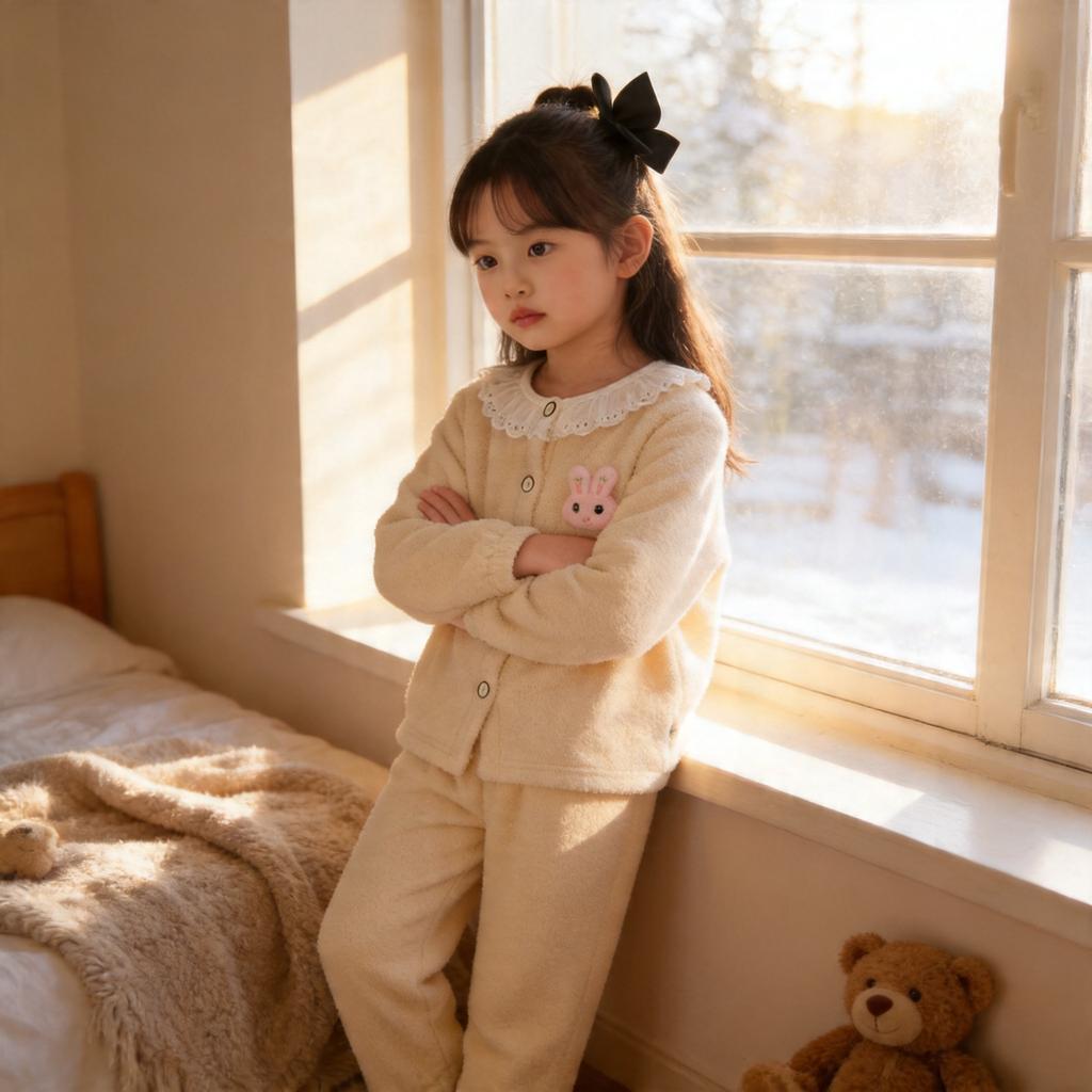 [Warm Winter] Kids Lace Homewear Two-Piece Set Girls Round Neck Casual Pajamas