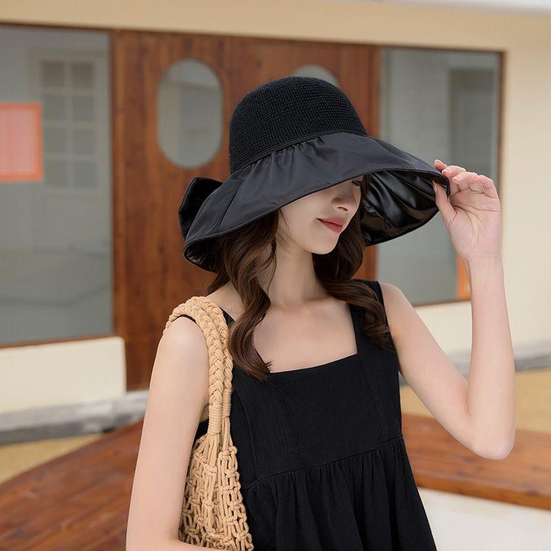 

K-style Bows Sun Hat Women s Spring/Summer Sun-Proof Basin Hat Vinyl Big Brim Sun-Proof Outdoor Travel Fisherman Hat Carbon ink black (Bows = storage bag)