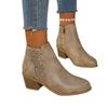 Stivaletti da Caviglia da Donna Vintage Slip-On con Tacco Basso Largo a Blocco, Punta Mandorla Punta Tonda, Stivali Invernali con Tomaia e Fodera in PVC, Beige/Marrone Caramello/ Blu/Scuro