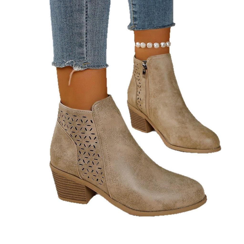 Stivaletti da Caviglia da Donna Vintage Slip-On con Tacco Basso Largo a Blocco, Punta Mandorla Punta Tonda, Stivali Invernali con Tomaia e Fodera in PVC, Beige/Marrone Caramello/ Blu/Scuro