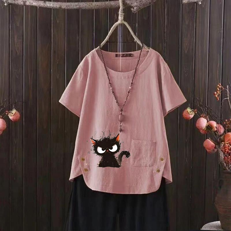 2025 Summer Women's Cat Print V-neck Cotton Hemp T-shirt - Soft & Breathable