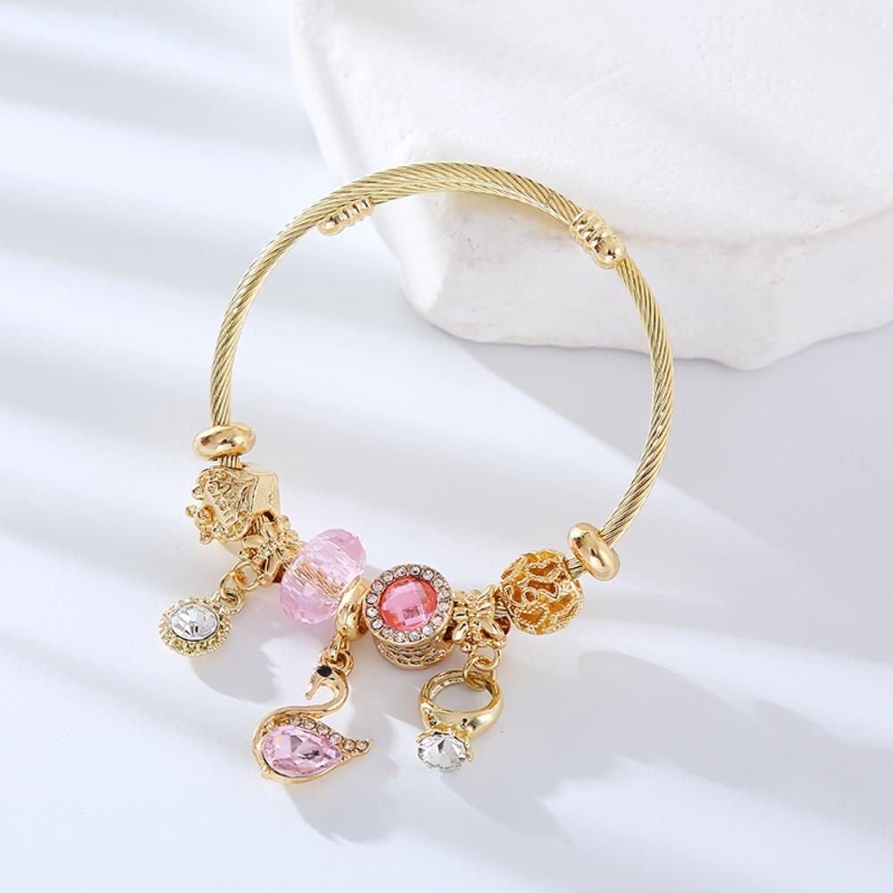 Luxury Inlay Crystal Stereo Hollow Heart Flower Crown Pendant Adjustable Bracelets for Women Fashion Gold Color Bangle Jewelry