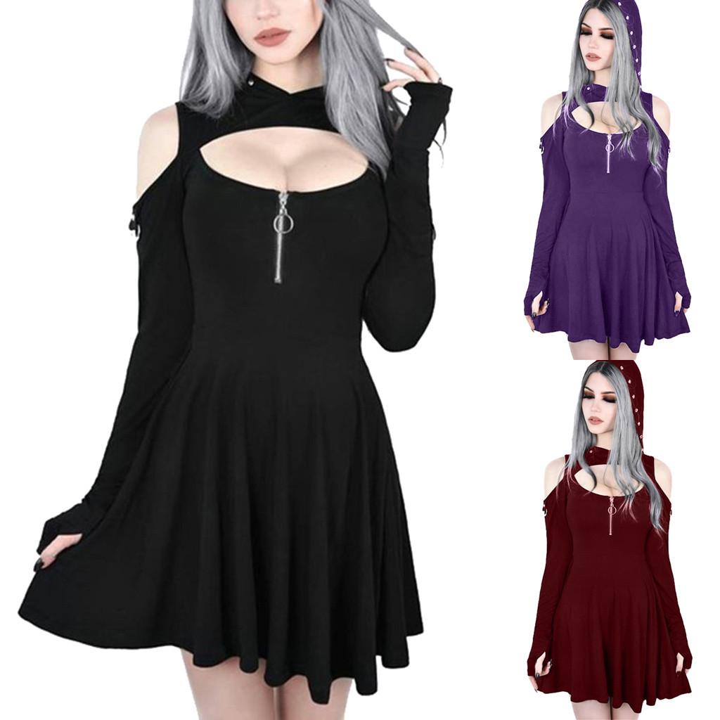 Damenmode Gothic-Farbe mit Kapuze, tief geschnitten, kalte Schulter, Reißverschlusskleid