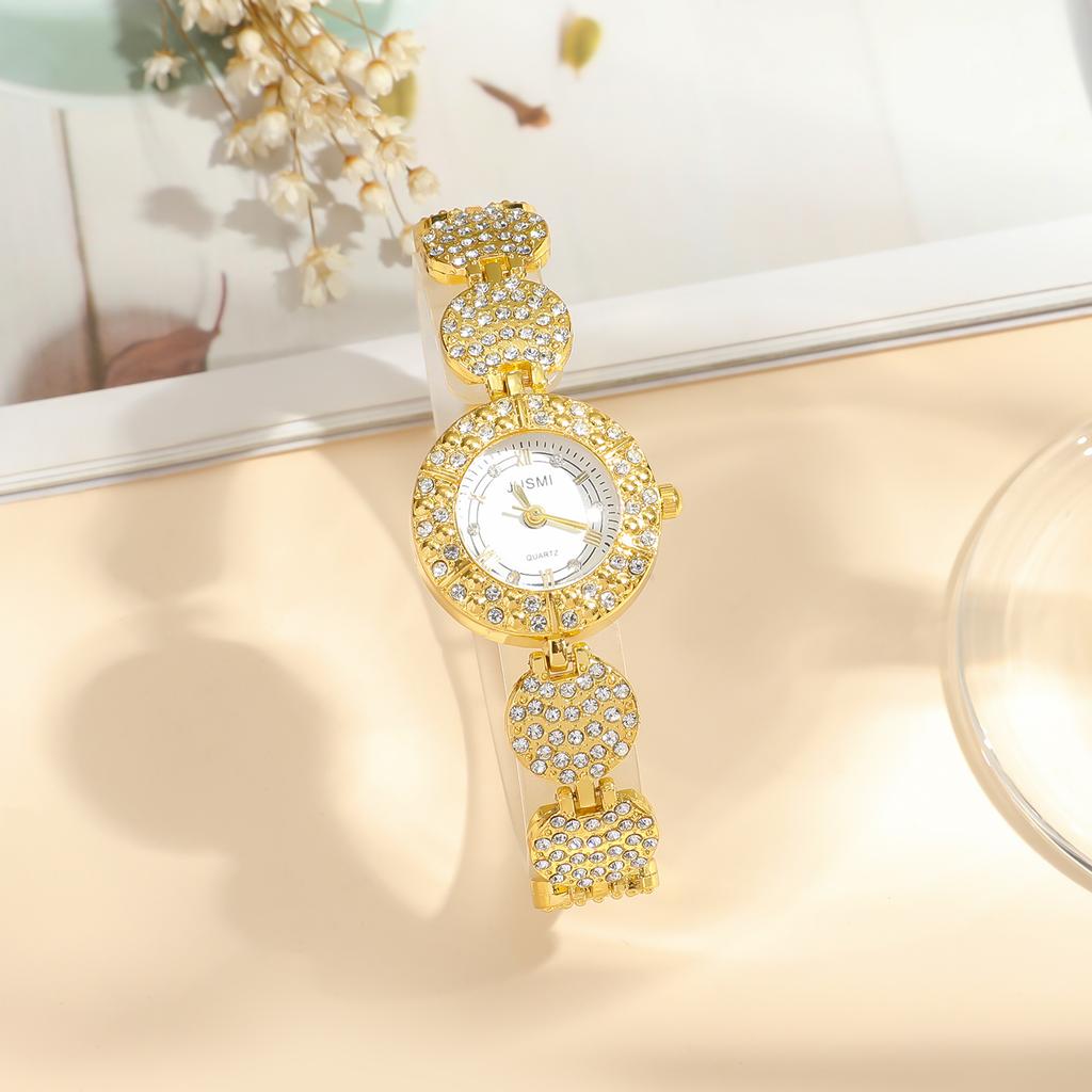 Ladies' New Noble Style Round Diamond Dial Steel Strap Quartz Watch Heart-shaped Bracelet Emerald Bracelet Personalized Bangle H