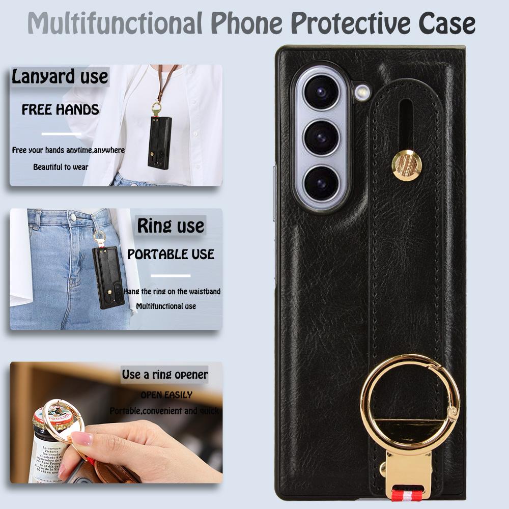 Für Samsung Galaxy Z Fold6 5G Hülle Leder+PC+TPU Armbandabdeckung mit Flaschenöffnerring