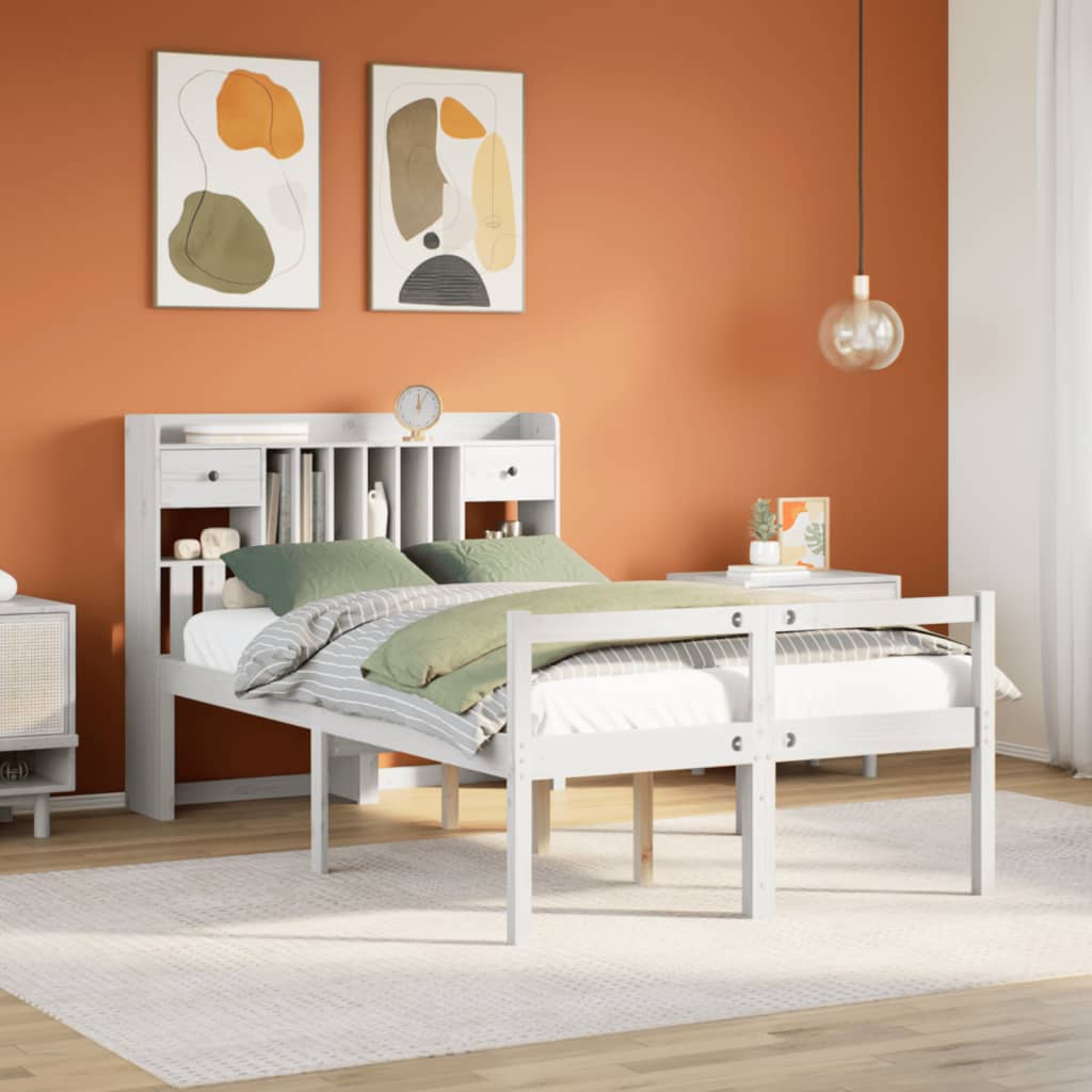Solid Wood Bed with Shelf Without Mattress White 135 x 190 cm Pine
