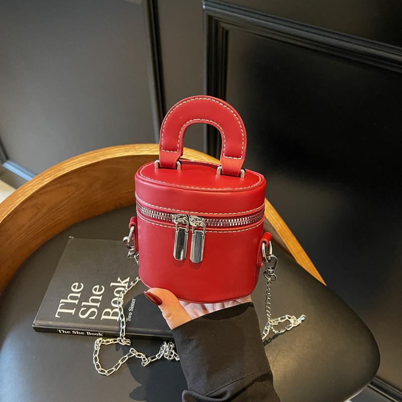 Korean double zipper fashion cylinder bag mini chain shoulder bag vintage crossbody bag simple literary handbag