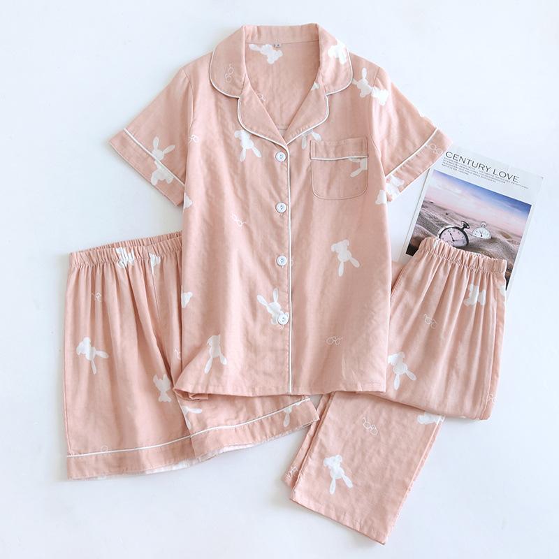 

Летняя новая парная пижама, комплект из трех предметов, короткий рукав + шорты + брюки, 100% хлопковая марля, домашняя одежда для мужчин и женщин XL