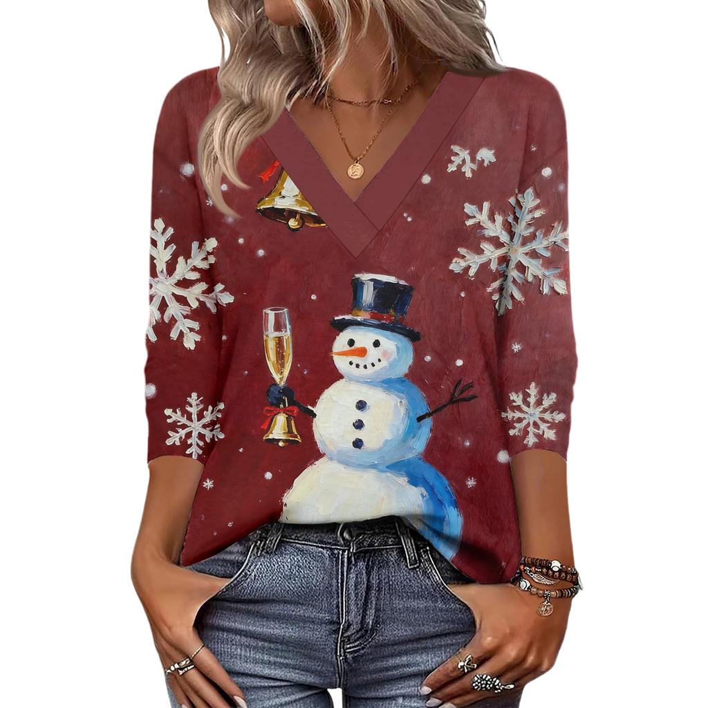 Women's Loose Comfortable Casual Fashion V-Neck Christmas Print 3/4 Sleeve Top