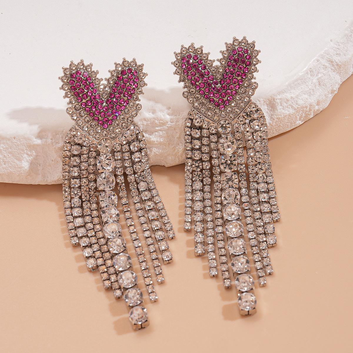 Sweet diamond-set love fringed steel needle earrings niche light luxury personality fashion earrings