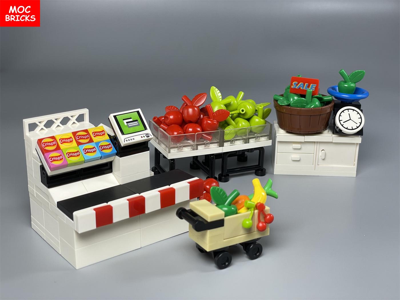 MOC Stenen Voedsel Fruit Display Plank Gereedschap Stad Keuken Accessoires Educatief Bouwstenen Kinder Speelgoed
