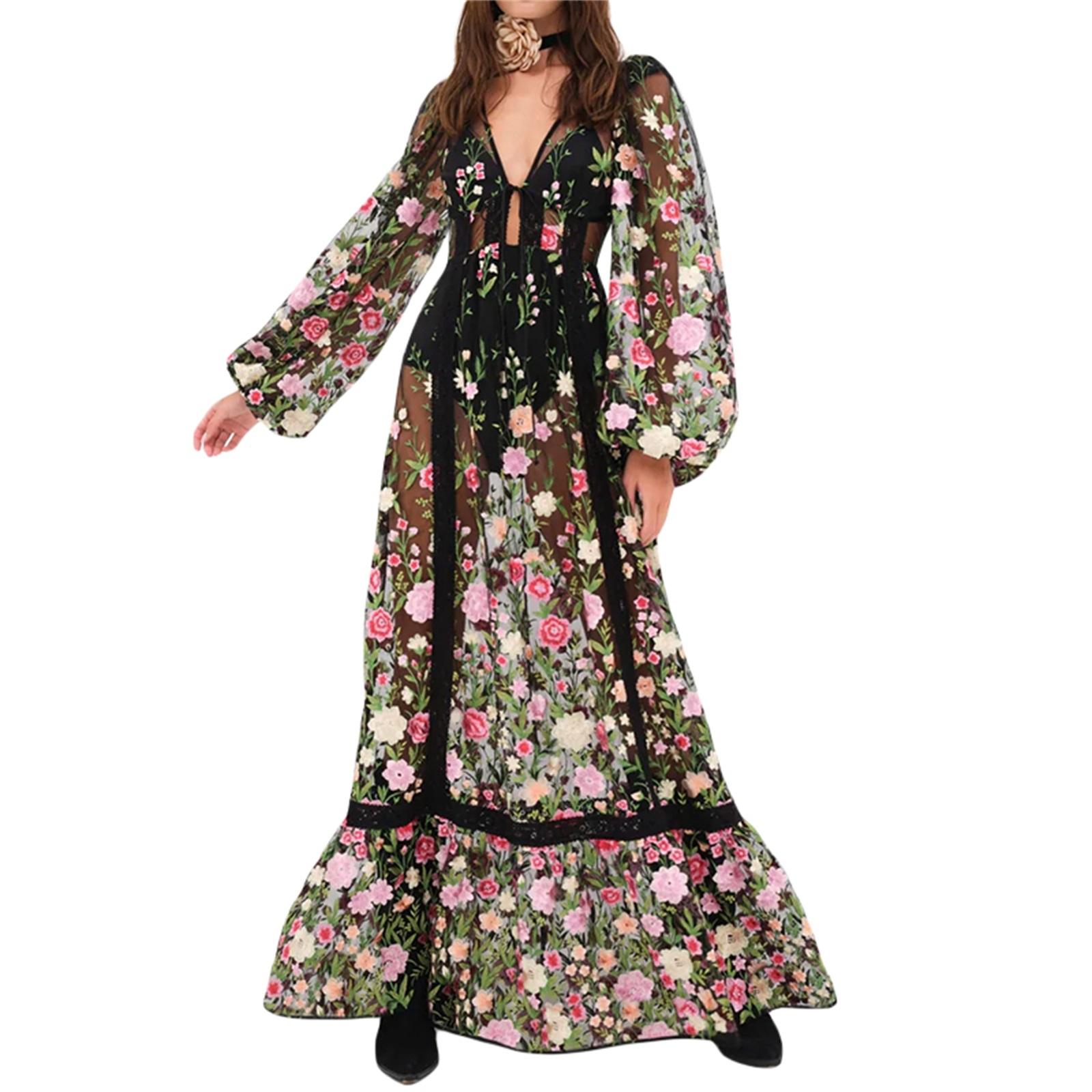 

Женское летнее длинное пляжное платье с длинным рукавом и V-образным вырезом на спине, цветочное бикини-накидка