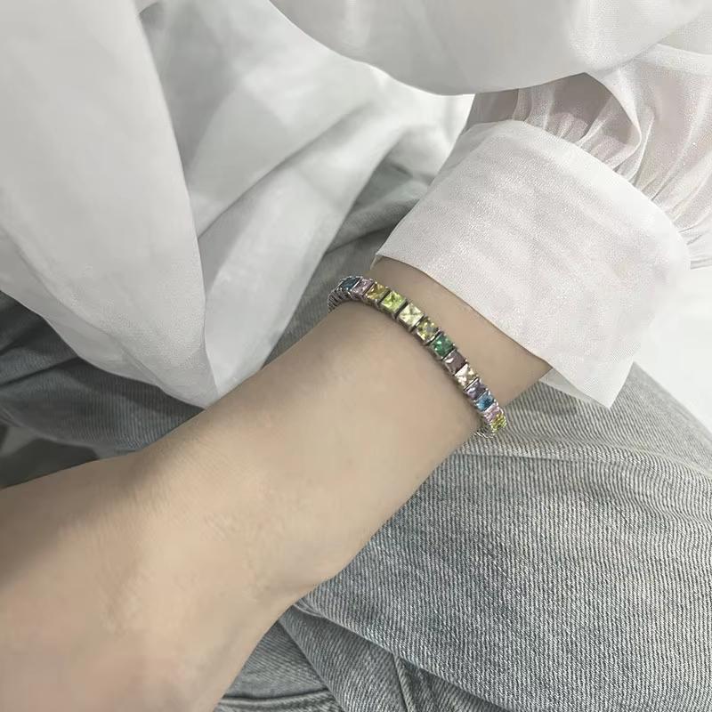 316L Stainless Steel Square Colorful CZ Tennis Bracelet Anti Tarnish Waterproof Rainbow Jewelry for Women