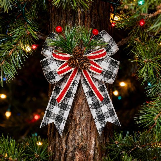 Christmas Burlap Plaid Bow with Pine Cones Pine Needles Large Buffalo Plaid Bow Xmas Wreath Checkered Bow for Holiday Crafts Home Party Tree Decor
