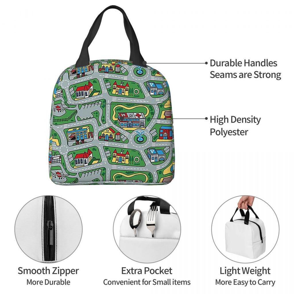 Car City Carpet Road Rug 90s Nostalgic Toy Insulated Lunch Bag for Women Kids Portable Food Boxes Thermal Lunch Box Tote