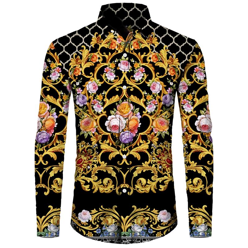 Golden Flower Pattern Print Men's Shirts Casual Single-Breasted Cardigan Long Sleeve Shirt Fashion Trend Tops Men Clothing
