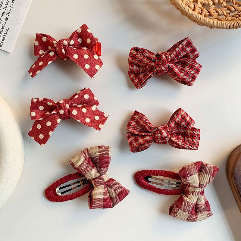 Korean Red Plaid & Flower Bow Kids' Polka Dot Fabric Hair Clips