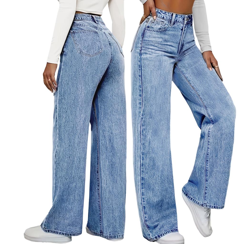 Women's High Waist Washed Women's Jeans Fashionable Versatile Straight Leg Pants