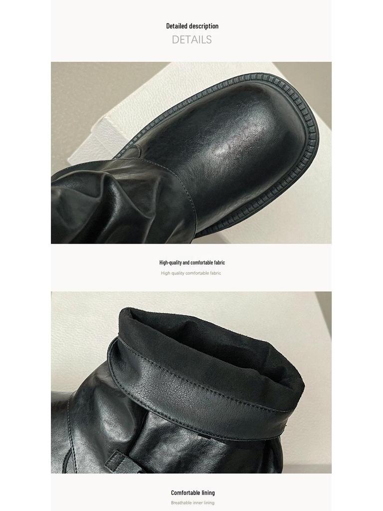 Women's Short Boots - 2025 Autumn/Winter Style: Buckle, Ruched, Thick Sole, Round Toe, Retro, Versatile, Stacked Design.