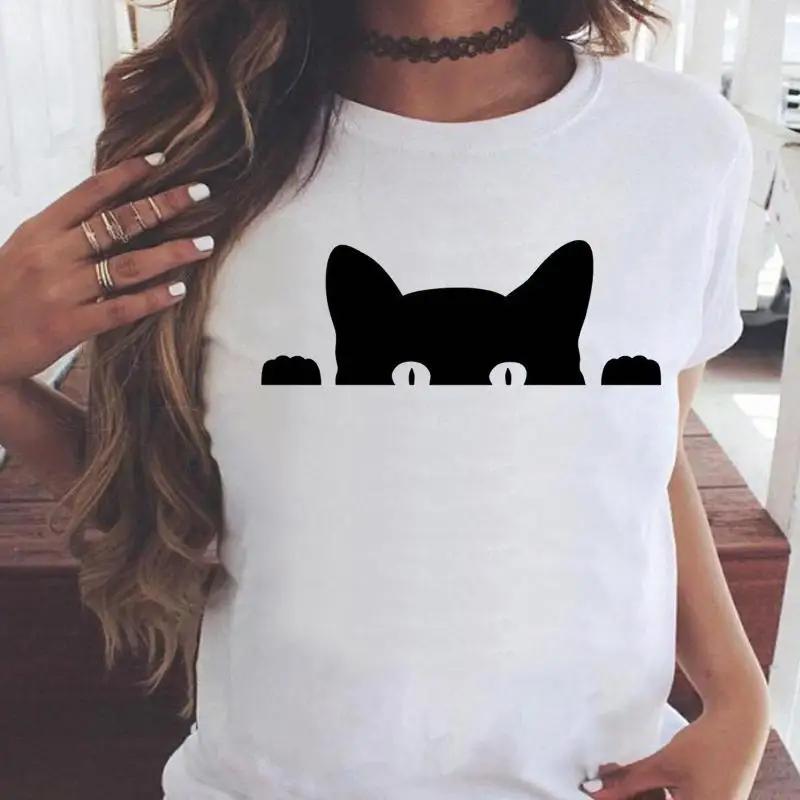 Fashion Women Cartoon Cat Love Pet Lovely Style Shirt Print T-shirts Stylish Short Sleeve Graphic T Top Female Tee T-Shirt