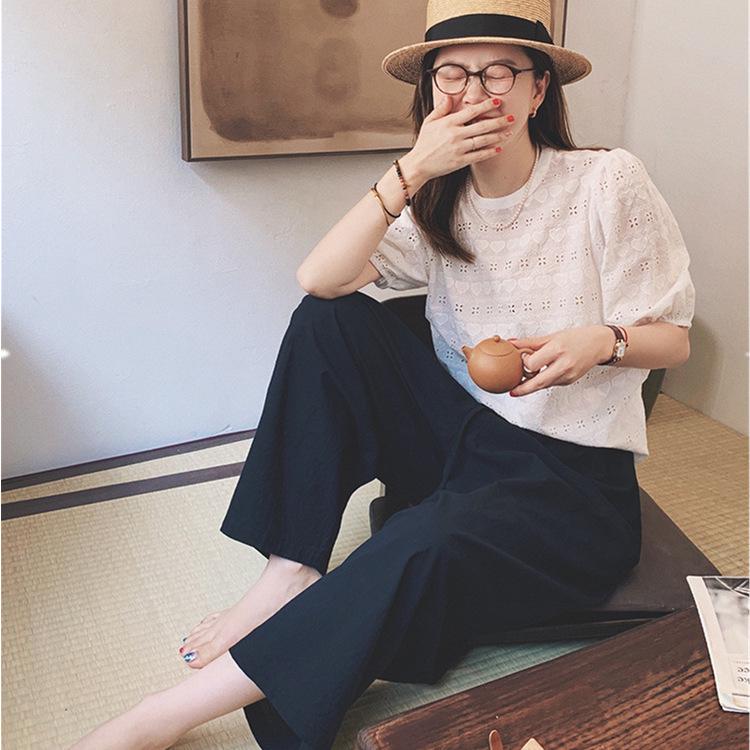 

2025 Women s White Lace Embroidered Puff Sleeve Blouse - Summer Minimalist Style M белый