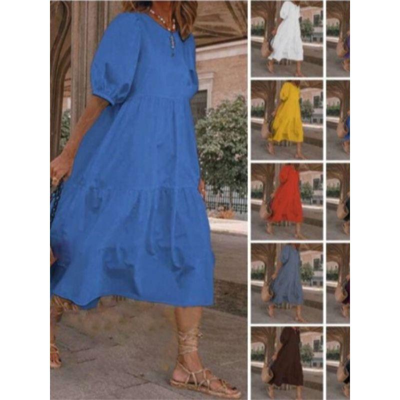 Plus Size Chubby Girl Fashion Style Summer Fashion Round Neck Pure Color Loose Short Sleeve Dress Beach Dress for Women S-5XL