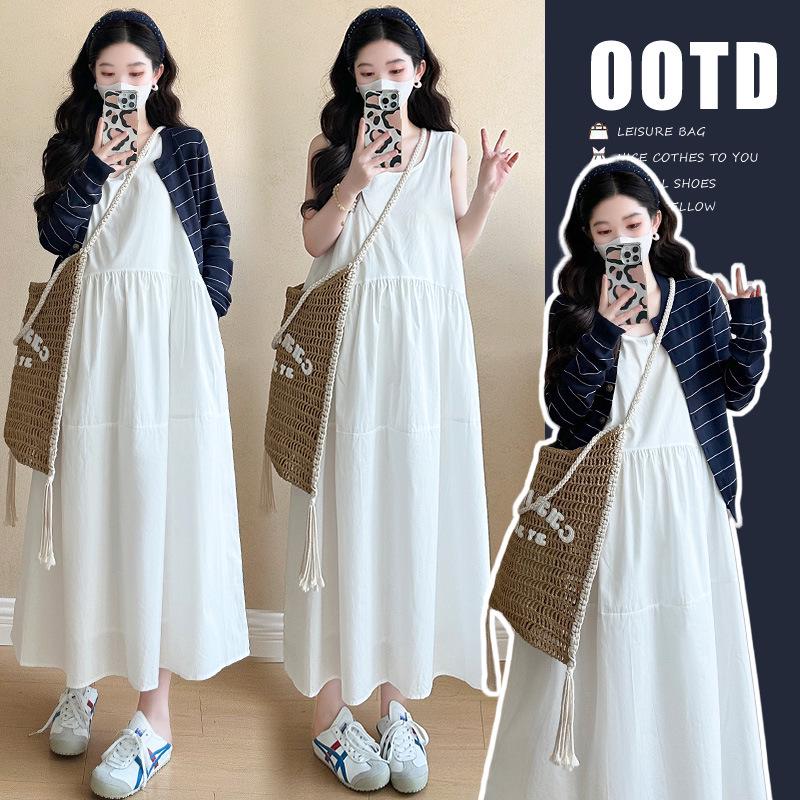 2026 Spring Korean Fashion Loose Vest Dress & Striped Knit Cardigan Set M