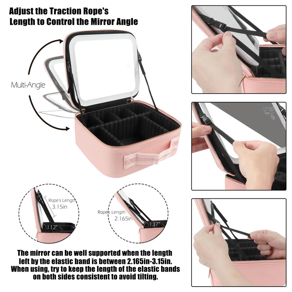 MOMIRA Makeup Box with Cosmetic Storage Cosmetic Case with Adjustable Adjustable LED and Makeup Brush Large Travel Pink Mirror, Box, Dividers, 3-Color