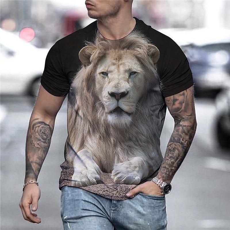 Men's Graphic Animal Lion 3D Shirt T Shirt Tee Short Sleeve T Shirt 3D Print Round Neck Shirt Vintage Rock Daily Holiday Black Yellow Brown Summer