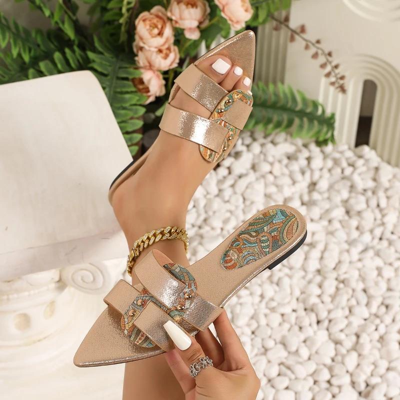 Fashion Fashion Rivet Decoration Design Flat Slippers Women Sexy Open Toe Beach Sandals Comfort Soft Sole Casual Shoes Zapatos De Mujer