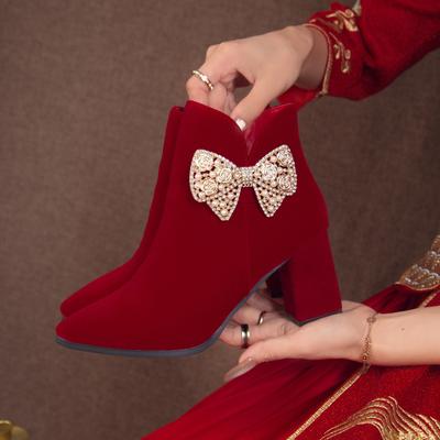 Women Zipper Winter Footwear  2025 Red Pointy Ankle Ladies High Heel Fabric Short Plush
