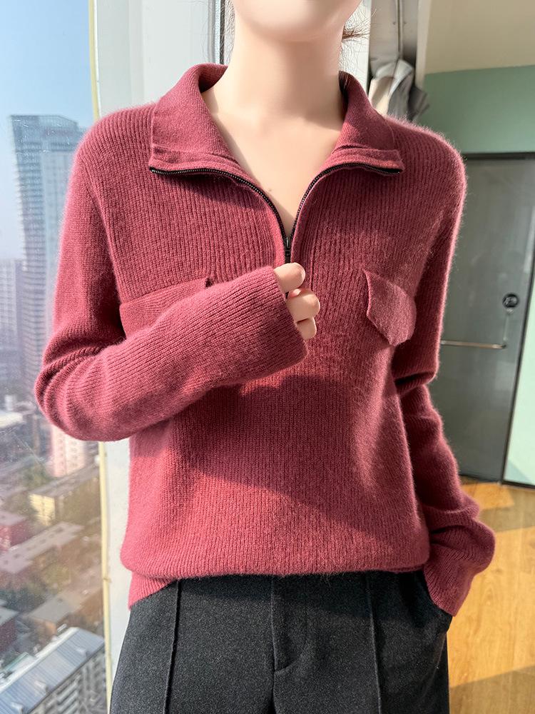 Women's Pure Wool Rib Knit Half Zip Sweater - Autumn/Winter Collection