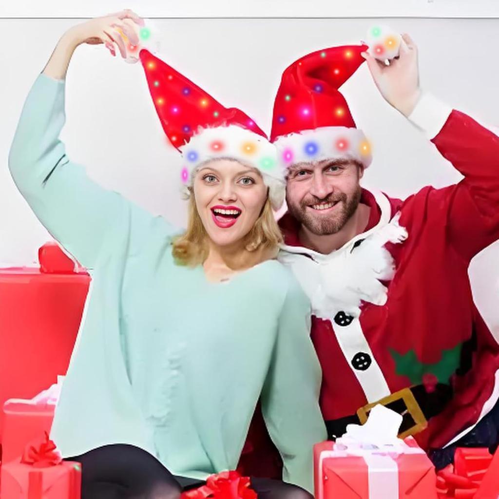 Festive Light Up Santa Hat with Soft Red Velvet Christmas LED Headwear for Adults Holiday Party Costume Unisex New Year Cheer