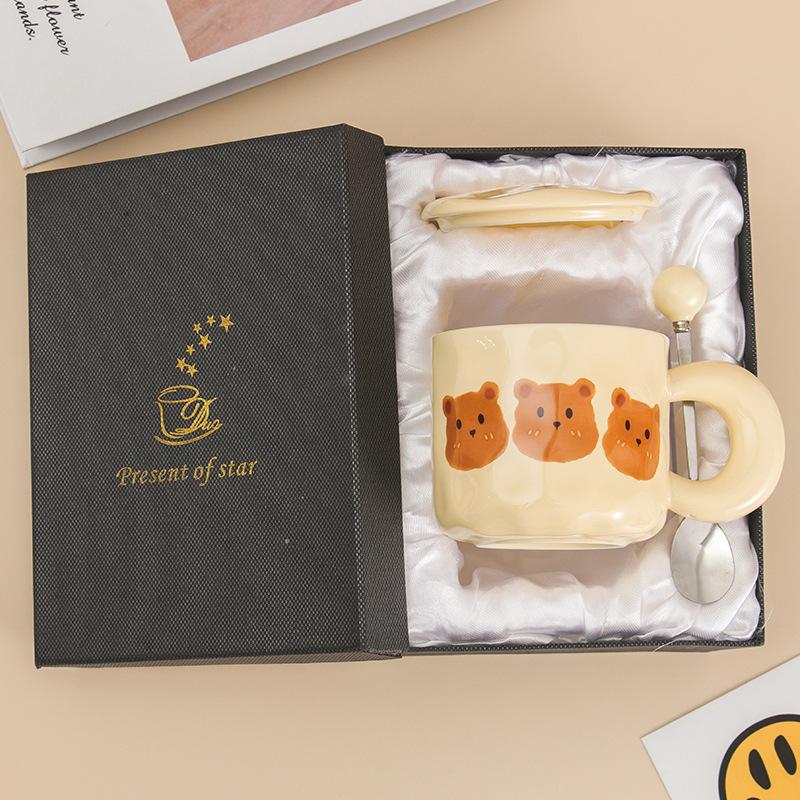 Korean Retro Bear Mug with Lid Spoon High Value Girl Couple Ceramic Cup Office Drinking Water Coffee Cup