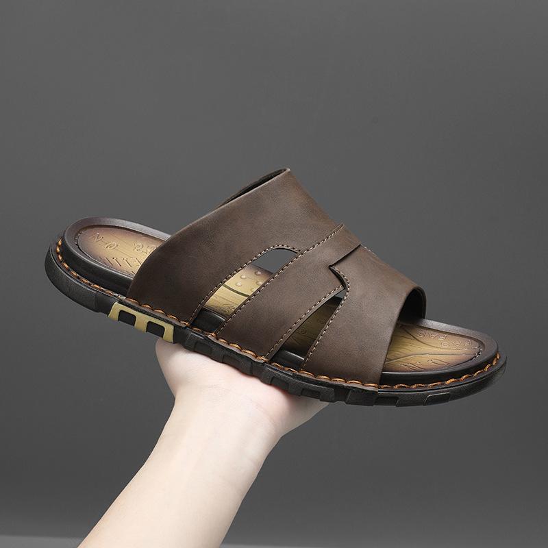 Fashion Luxury Men's Leather Slippers 2025 Summer New Beach Slippers Fashion Outdoor Casual Flat Slippers for Men Large-size Beach Shoes