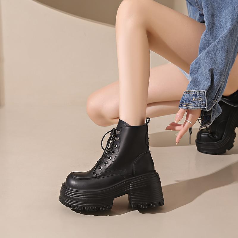 Fashion 2025 New 9cm Black Platform Women Motorcycle Ankle Boots Fashion Lace Up Shoes Autumn Winter Thick Heel Women's Short Booties
