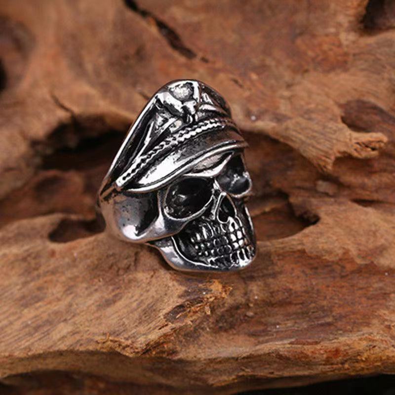 Retro Colored Navy Officer Skull Ring For Men Punk Gothic Rock Hiphop Open Ring Biker Accessories Handmade Zircon Unisex Gift