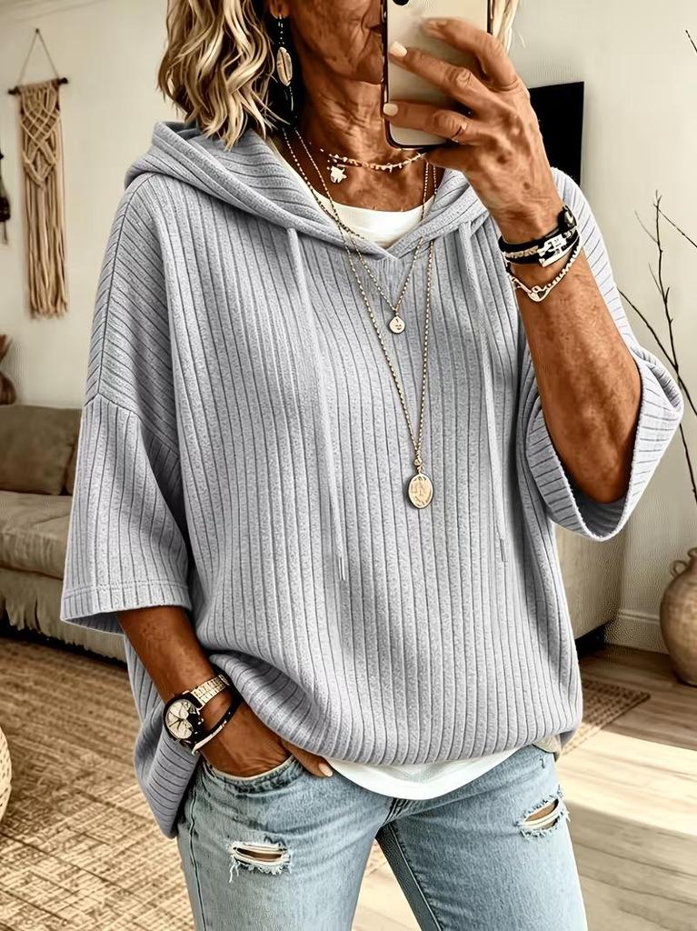 Autumn Plus Size Ribbed Batwing Sleeve Hooded Sweater for Women