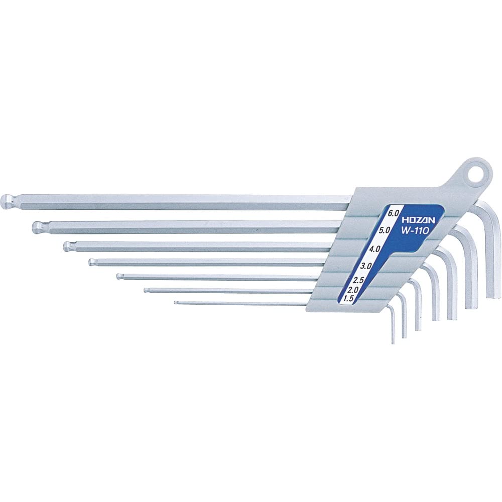 HOZAN W-110 Ball Point Wrench Set, 7-Piece Set, Long Type Hex Keys, Allen Keys, Flat Sizes 1.5/2/2.5/3/4/5/6mm