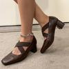 Fashion Women Pumps Thick Medium Heel Crossed Elastic Band Ballet Shoes Woman Vintage Square Toe Burgundy Pump Spring Autumn Heels Women
