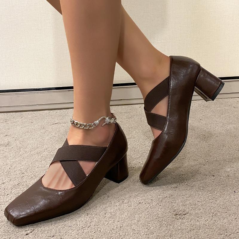 Fashion Women Pumps Thick Medium Heel Crossed Elastic Band Ballet Shoes Woman Vintage Square Toe Burgundy Pump Spring Autumn Heels Women