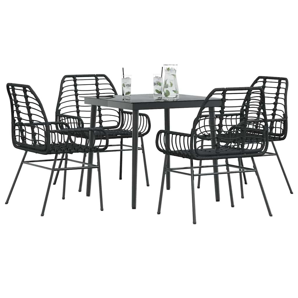 5 Piece Black Poly Rattan Outdoor Dining Set with Glass Table